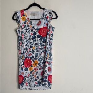 LOFT White Floral Mini Dress with Red and Navy Accents